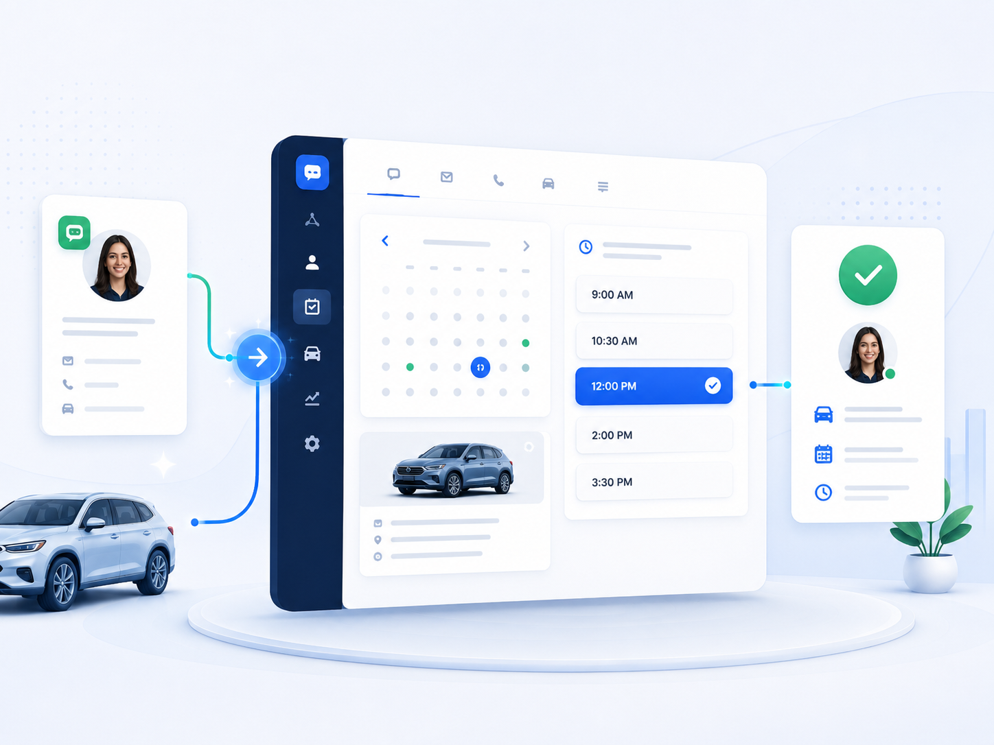 DealerLead scheduling screen booking a 12:00 PM test drive